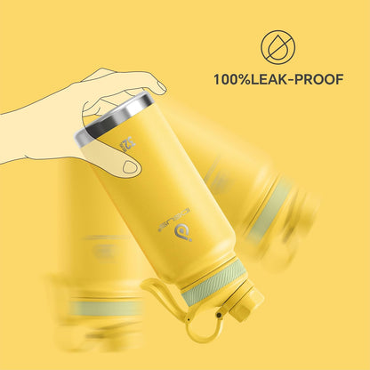 IDEUS Insulated Stainless Steel Water Bottle with 2 Leak-Proof Lids, Thermal Water Flask for Hiking Biking, 32oz, Bright Yellow