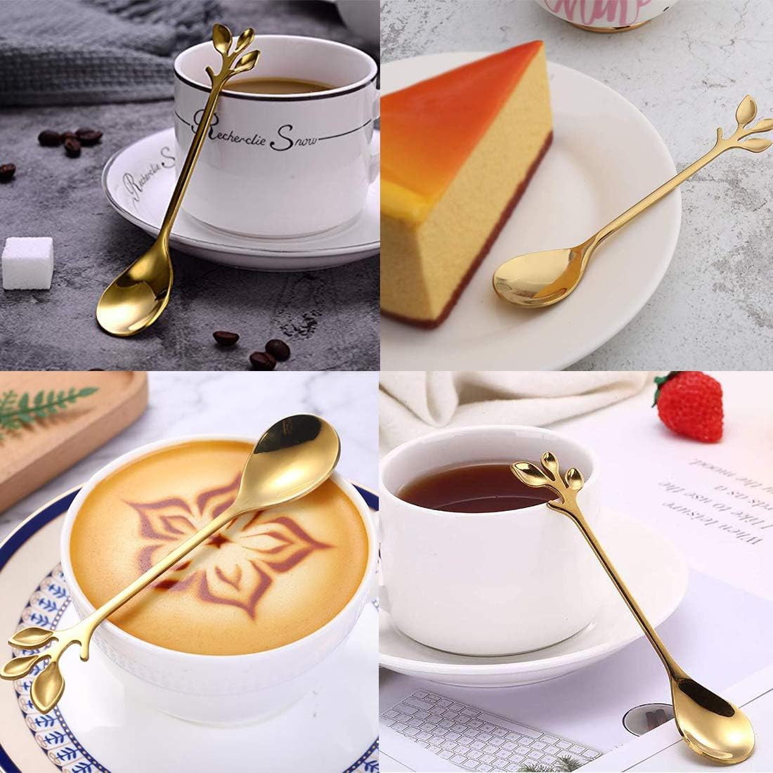 AnSaw 8-Pack Elegant Gold Leaf 4.7" Espresso Spoons - Stainless Steel, Perfect for Coffee, Demitasse, Dessert & Tea, Mini Size for Small Servings