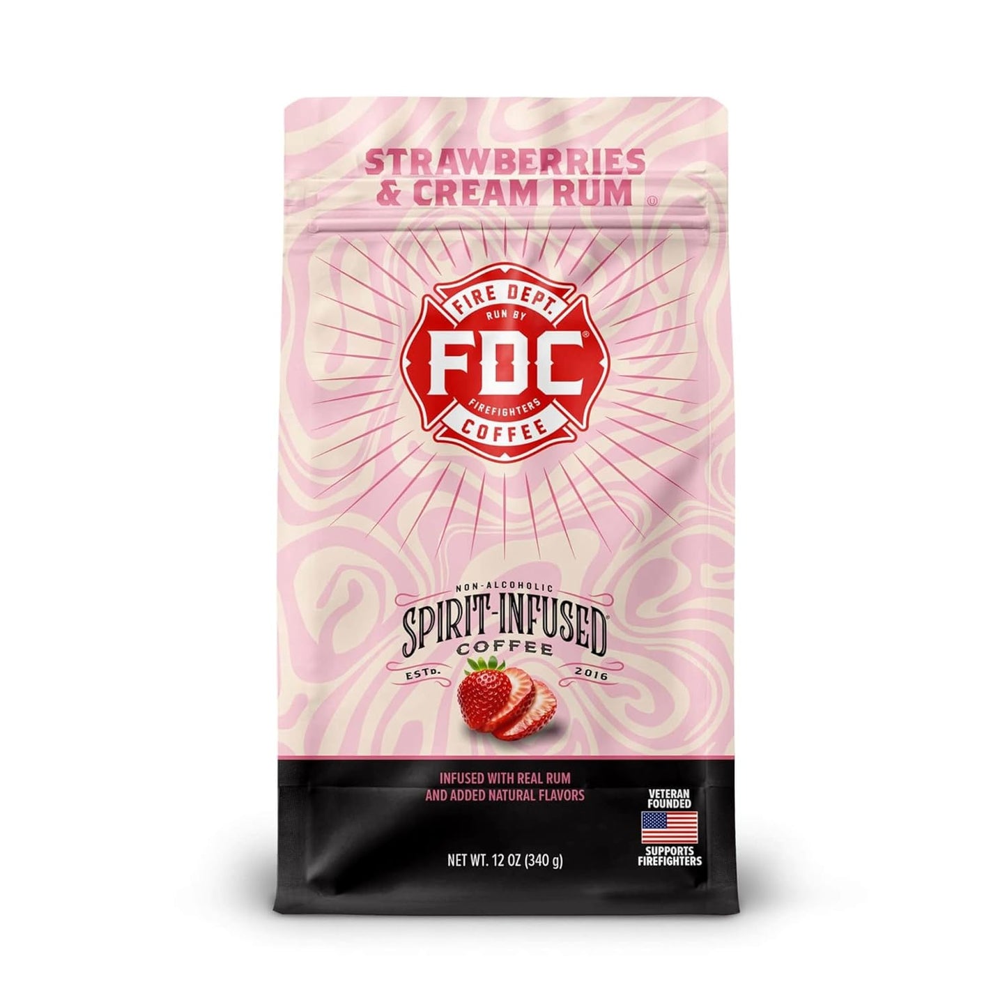 Fire Department Coffee - Gives Back to Firefighters - Strawberries & Cream Rum Infused Whole Bean Coffee - Medium Roast - Non-Alcoholic - Roasted in the USA - Veteran Owned - 12 oz