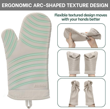 Beneno Oven Mitts, Heat Resistant BPA-Free Soft Silicone Oven Mitts 2-Pack, Waterproof Non-Slip Flexible Oven Gloves with Comfort Cotton Lining, Durable Kitchen Mitt Set for Baking Grill, 7"x13" Beige
