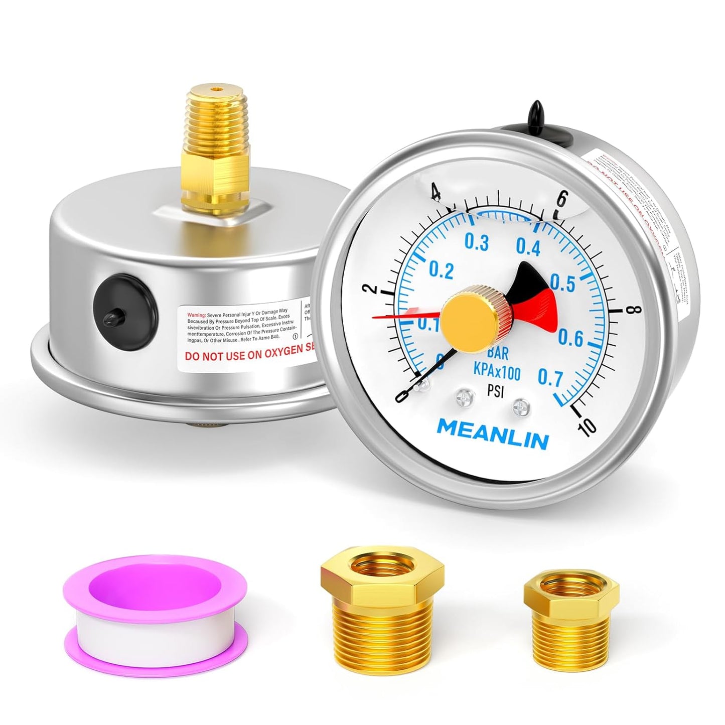 MEANLIN MEASURE 0~10Psi Stainless Steel 1/4" NPT 2.5" FACE DIAL with Reset Pointer Liquid Filled Pressure Gauge WOG Water Oil Air, Back Mount, with Brass Hex Bushing