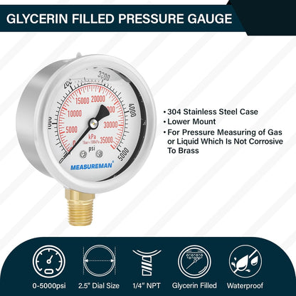 MEASUREMAN 2-1/2inch Dial Size, Liquid Filled Hydraulic Pressure Gauge, 0-5000psi/kpa, 304 Stainless Steel Case, 1/4inchNPT Lower Mount