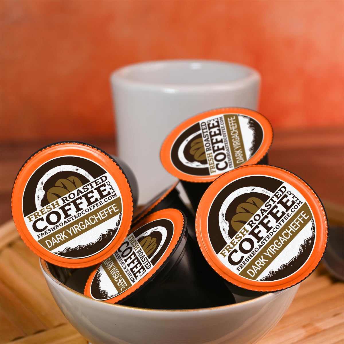 Fresh Roasted Coffee, Dark Ethiopian Yirgacheffe Kochere, Dark Roast, 24 Pods for K Cup Brewers