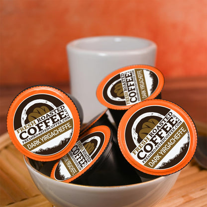 Fresh Roasted Coffee, Dark Ethiopian Yirgacheffe Kochere, Dark Roast, 24 Pods for K Cup Brewers