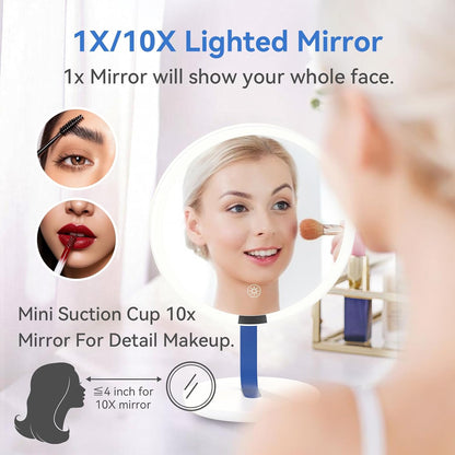 9.65-inch Lighting Makeup Mirror, 1x / 10x,Touch Control,3-Color Adjustable,Metal Stand,up and Down Adjustable Makeup Mirror, High Color Rendering, Eye-Protecting Light Source,Ultramarine