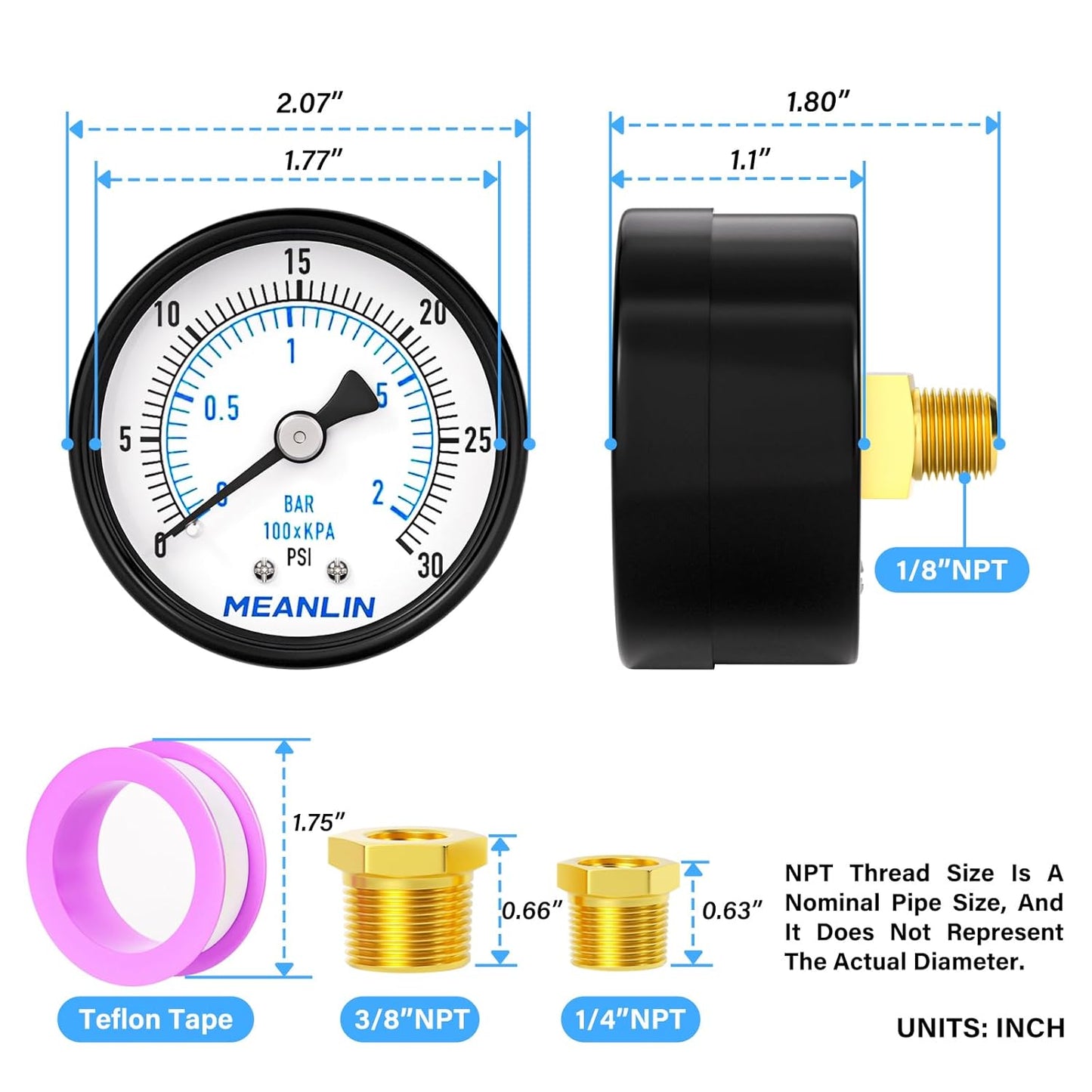 MEANLIN MEASURE 0-30Psi 2" DIAL FACE 1/8" NPT Well Pump Pressure Gauge, with 1/4" NPT and 3/8" NPT Hex Bushing, 3-2-3% Accuracy, Center Back Mount