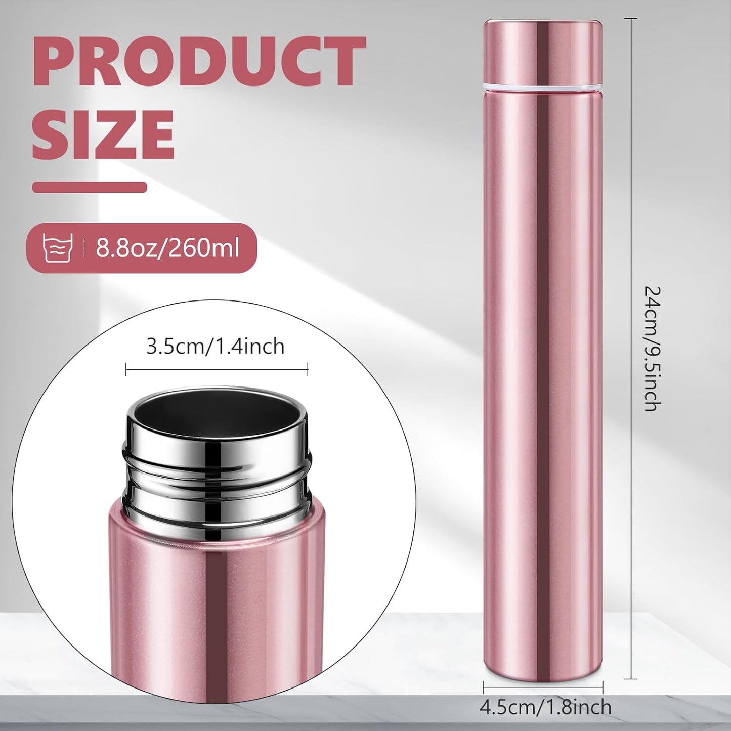 Vesici 1 Pack Slim Water Bottle 8.8 oz Small Stainless Steel Purse Compact Insulated Water Bottles Camping Travel Backpack Pocket Flask for Car Cold Coffee Tea (Rose Gold)