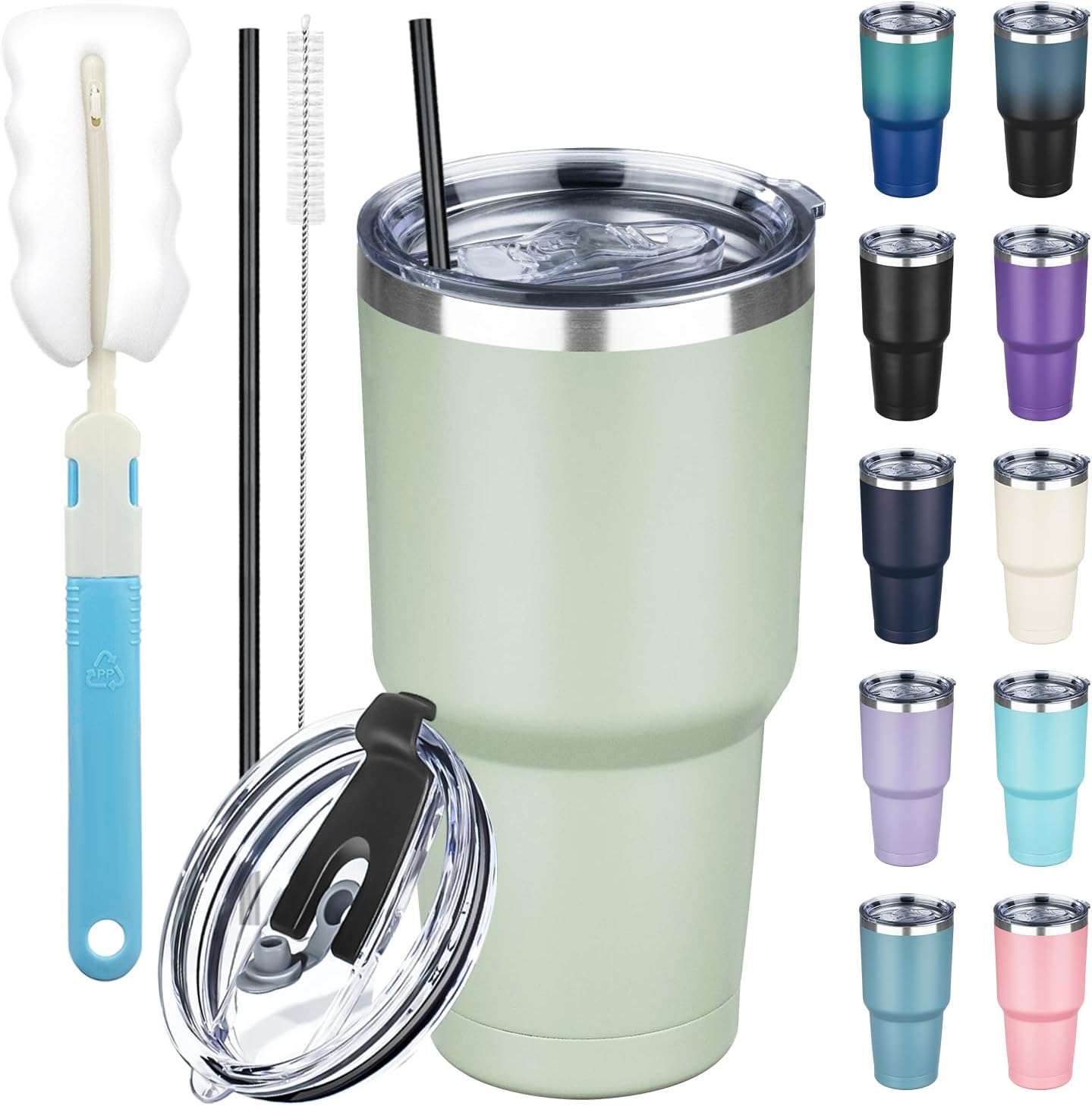 30 oz Tumbler with Lids and Straws, Stainless Steel Insulated Coffee Tumbler, Double Wall Vacuum Insulated Travel Mug Cup, Leakproof Thermal Coffee Cup for Hot and Cold Drinks (Green Tea)