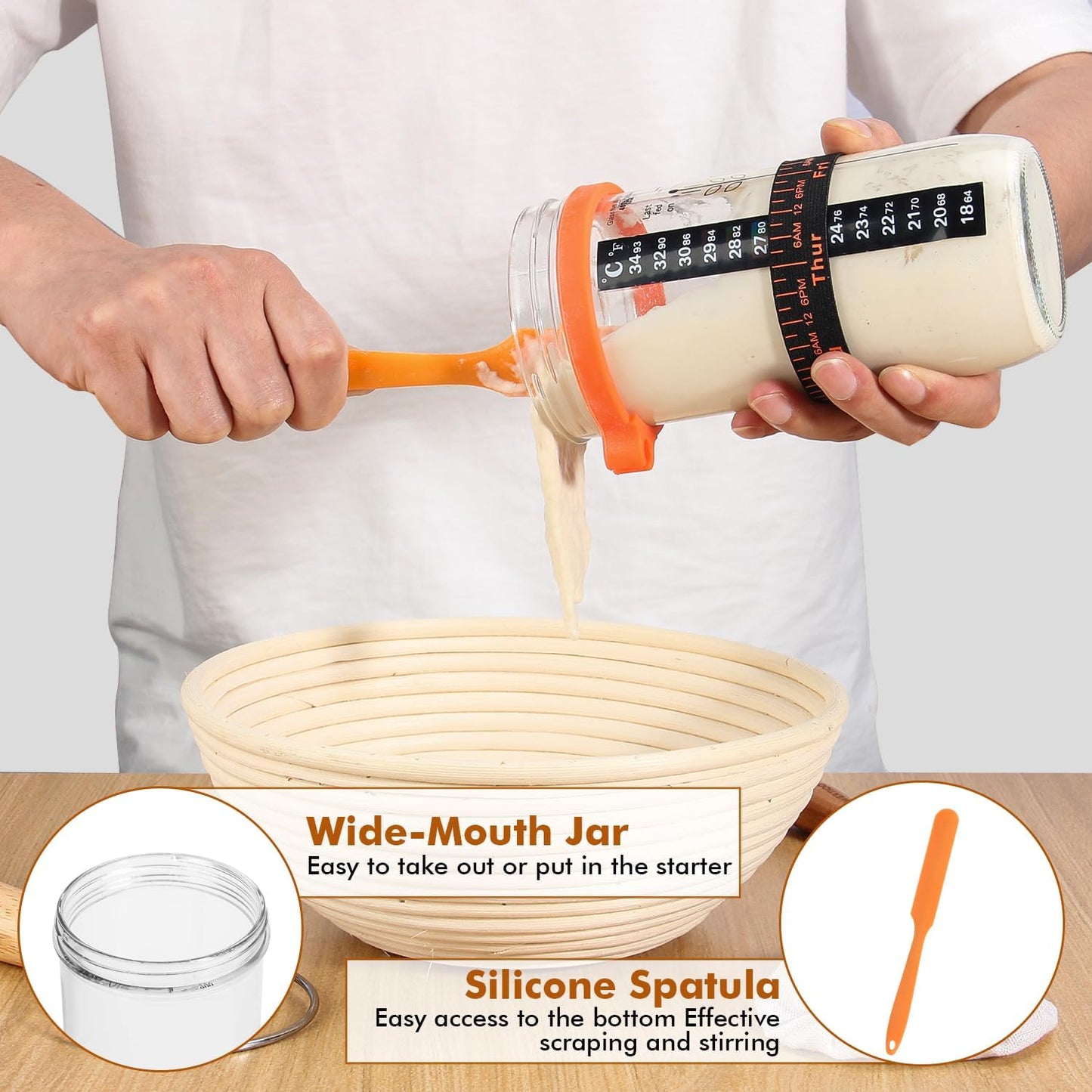 Sourdough Bread Baking Supplies, Sourdough Starter Kit, 2 9 Inch Round Banneton Bread Proofing Basket with 24 Oz Glass Jar, Sour Dough Tools with Danish Dough Whisk & Scraper