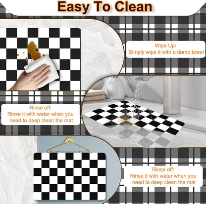 BLESWIN Dish Drying Mat for Kitchen, 15.7’’ X 17.7’’ Coffee Bar Mats for Countertop Fit Under Coffee Maker, Hide Stain Rubber Backed Espresso Machine Absorbent Drying Pad, Black & White