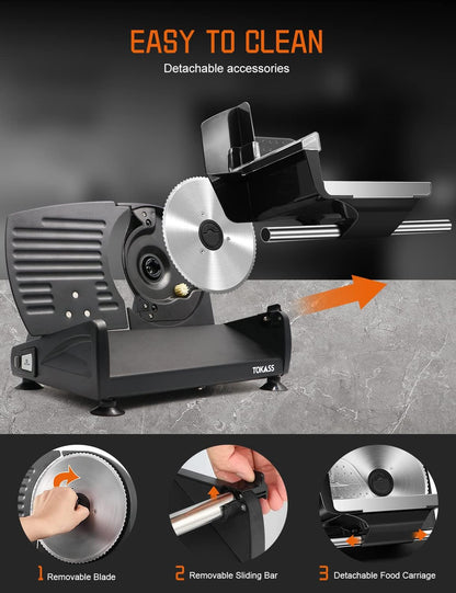 Meat Slicer, 200W Electric Food Slicer with 2 Removable 7.5" Stainless Steel Blades and Stainless Steel Tray, Child Lock Protection, Adjustable Thickness, Food Slicer Machine for Meat Cheese Bread
