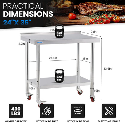 Stainless Steel Table for Prep & Work with 4 Caster Wheels with Backsplash 24 x 36 NSF Metal Commercial Kitchen Adjustable Under Shelf Worktable for Restaurant Home Outdoor