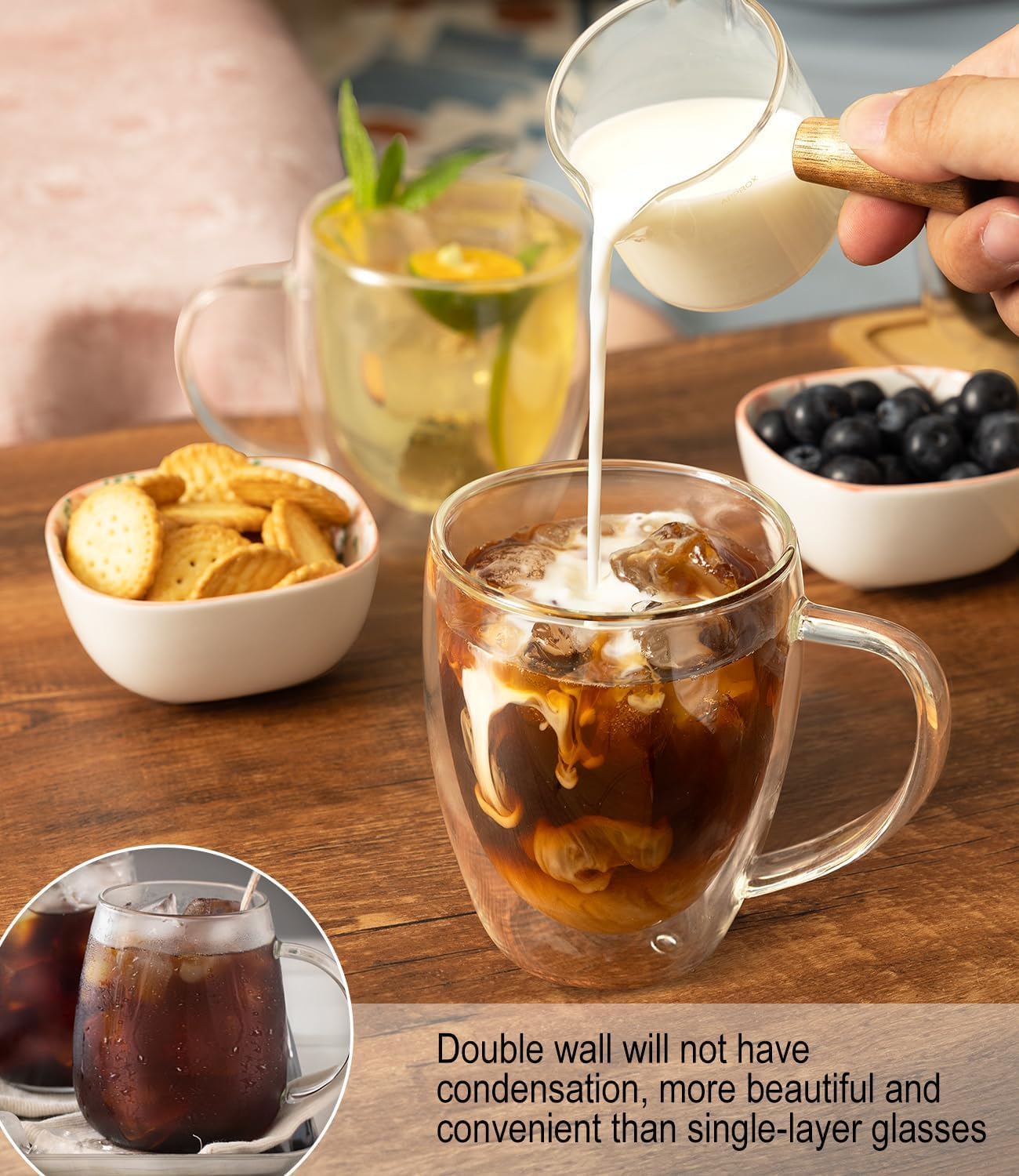 OJA Double Wall Glass Coffee Mugs Set of 4, Hand Blown 12.5OZ Clear Glass Coffee Cups, Insulated Tea Mug, Perfect for Espresso, Cappuccino, Latte, American,Tea Bag, Beverage