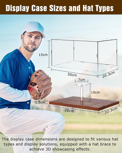 Hat Display Case, Acrylic Baseball Cap Display Box, UV Fade Protection, Solid Wood Base & Cap Shaper, Signed Hat Collector's Showcase, for Cap Enthusiasts, 11.8" x 7.8" x 5.9"