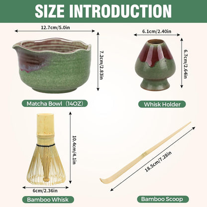 Pottery Matcha Set - Japanese Handcrafted Matcha Tea Bowl Mineral Glaze Bowl with Spout, Bamboo Whisk, Scoop & Chasen Holder | 4pc Tea Ceremony Kit for Matcha Lovers (Forest Glow)