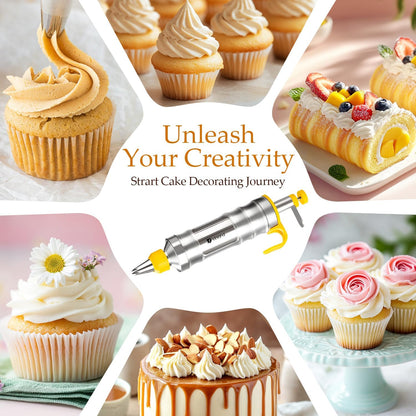 Dessert Decorating Syringe Set Icing Piping Kit Frosting Piping Kit Stainless Steels Cake Decorating Kit with 10 food grade stainless steel piping tips & 50 Disposable Piping Bags Yellow