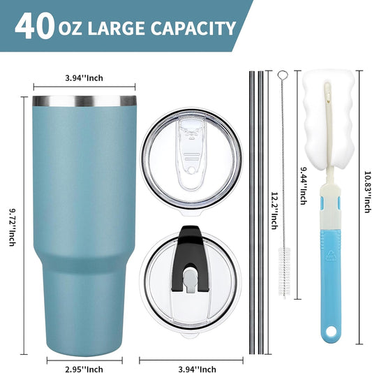 40 oz Tumbler with Lids and Straws, Stainless Steel Insulated Coffee Tumbler, Double Wall Vacuum Insulated Travel Mug Cup, Leakproof Thermal Coffee Cup for Hot and Cold Drinks (azure blue)