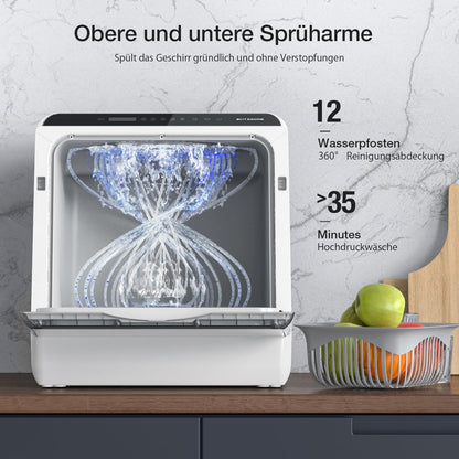 Portable Dishwasher Countertop, WIFI Smart Dishwasher, Compact Mini Dishwashers with 5L Built-in Water Tank, 6 Programs, 360° Dual Spray, High-Temp& Air-Dry Function, Fruit Cleaning