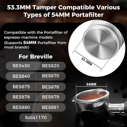 IKAPE Coffee Products, 53MM Espresso Tamper, Premium Barista Coffee Calibrated Tamper with Spring Loaded, 100% Stainless Steel Tamper Compatible with 54MM Breville Bottomless Portafilter (Silver)