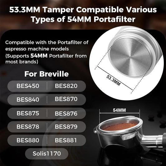 IKAPE Coffee Products, 53MM Espresso Tamper, Premium Barista Coffee Calibrated Tamper with Spring Loaded, 100% Stainless Steel Tamper Compatible with 54MM Breville Bottomless Portafilter (Silver)