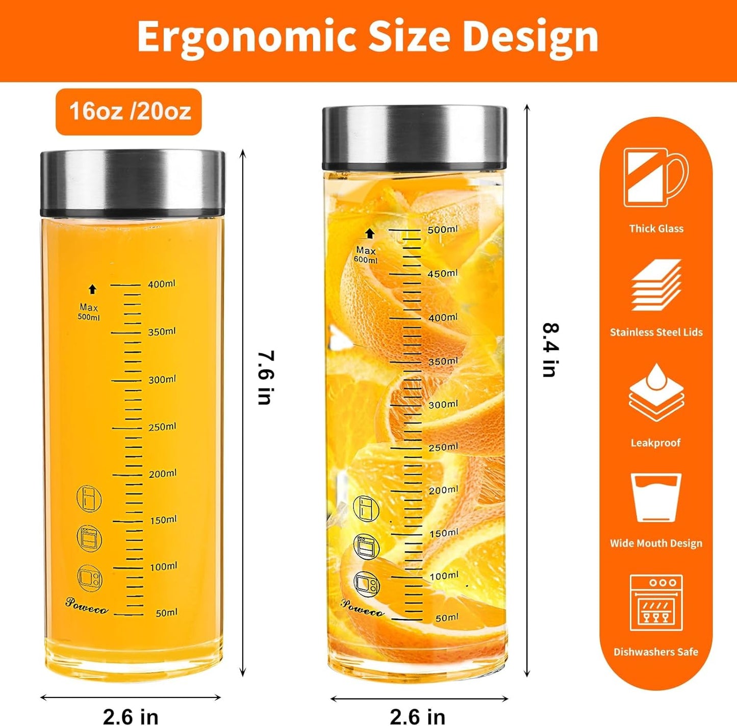 Glass Juice Bottles 4 Pack 20 oz - Wide Mouth Glass Water Bottles with Lids - for Juicing, Protein, Smoothie, Milk, Reusable, BPA Free, Stainless Steel Lids, Blender, Shaker Bottle (20oz/600ml)