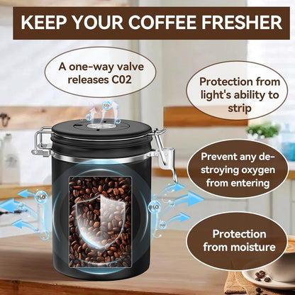 Coffee Canister, Stainless Steel Coffee Bean Storage Container with Date Tracker and Scoop, Kitchen Food Container for Grounds Coffee, Beans, Tea, Flour, Cereal, Sugar, 22OZ (1800ML | Black)