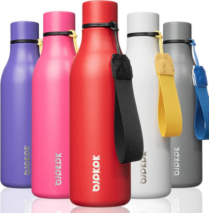 BJPKPK Insulated Water Bottles, 18 oz Stainless Steel Metal Water Bottle with Strap, BPA Free Leak Proof Thermos, Mugs, Flasks, Reusable Water Bottle for Sports & Travel, Red