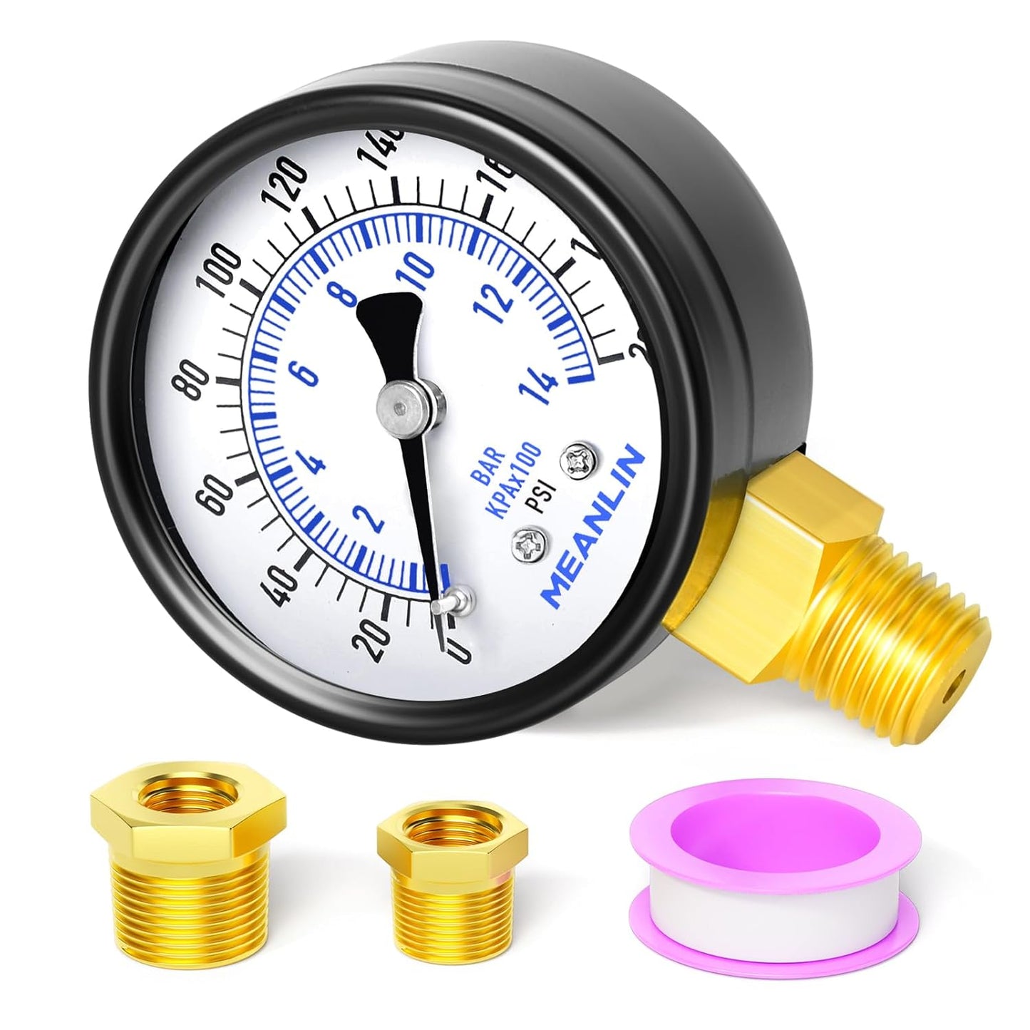 MEANLIN MEASURE 0-200Psi 2" DIAL FACE 1/4" NPT Well Pump Pressure Gauge, with 1/2" NPT and 3/8" NPT Hex Bushing, 3-2-3% Accuracy, Lower Mount