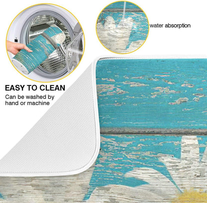 Daisy On Old Wooden Board Dish Drying Mat for Kitchen Counter Turquoise Wood Drying Mat 16 x 18 Inch with High Absorbent Reversible Microfiber Dish Drying Pad Drainer Mat for Coffee Bar