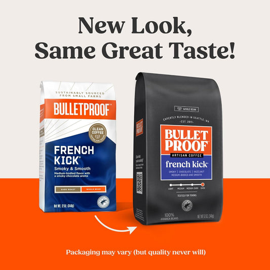 Bulletproof French Kick Dark Roast Whole Bean Coffee, 12 Ounces, Clean Coffee Tested for Toxins, Packaging May Vary