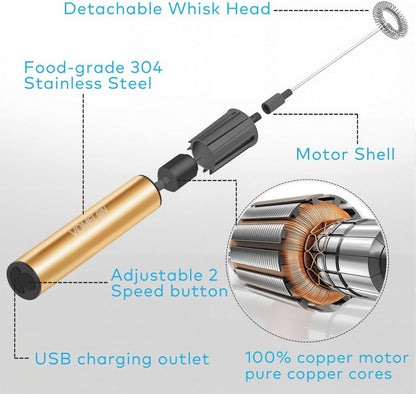 Rechargeable Electric Milk Frother Handheld,2-Speed Travel Frother with Tube Case, Milk Foamer Coffee Frother for Latte, Cappuccino, Drink Mixer with 2 Stainless Whisks and Charger Golden