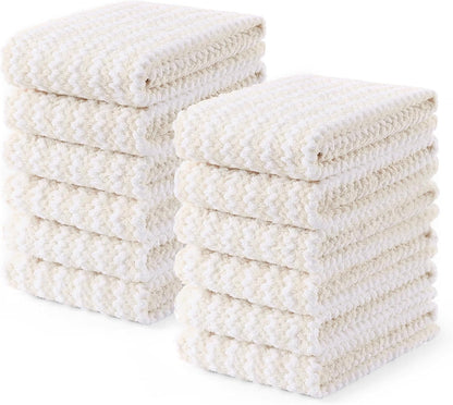 Homaxy Kitchen Towels(12 Pack, 10 x 20 inches), Ultra Soft and Absorbent Dish Towels, Reusable Fast Drying Microfiber Cleaning Cloth, Coral Velvet Wave Design No-lint, Beige