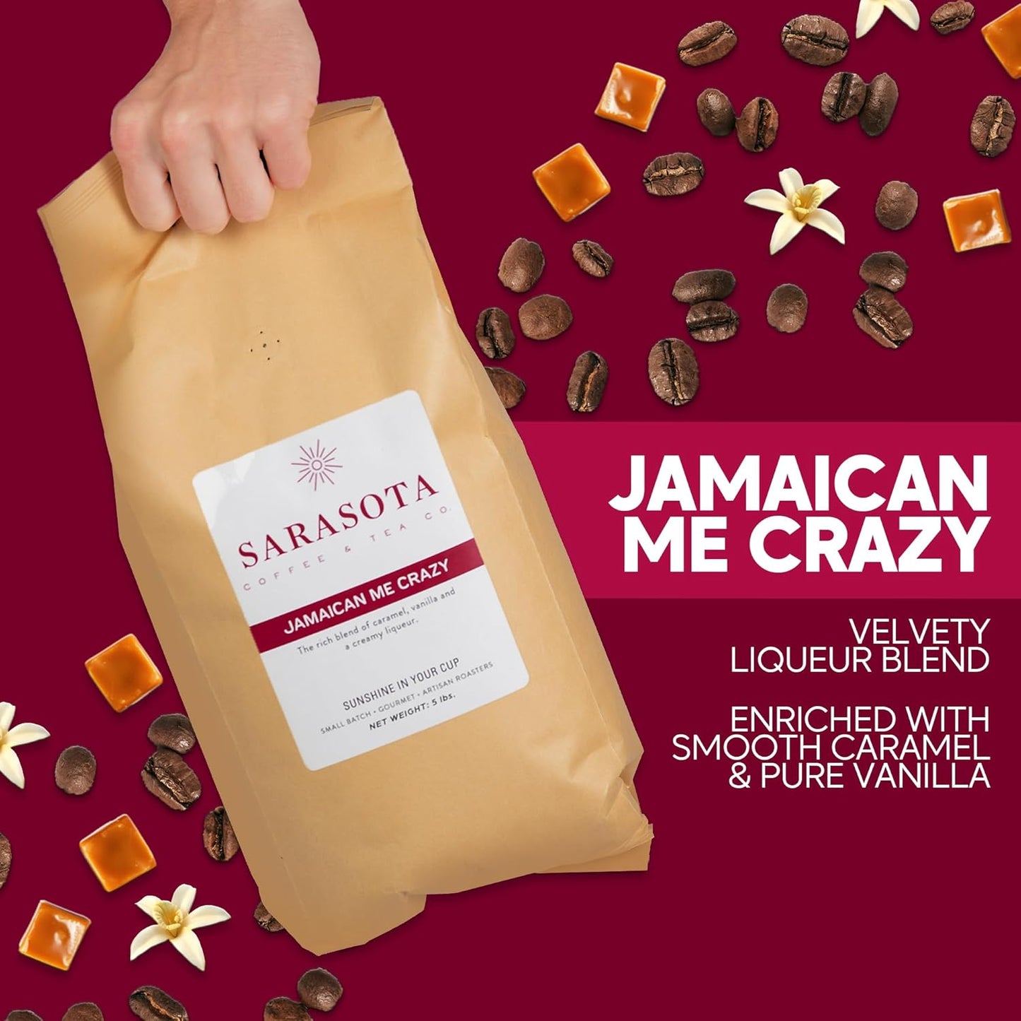 Sarasota Coffee Ground Jamaican Me Crazy | Medium Roast Gourmet Flavored Coffee Grounds | Low Acid, Mold Free, Specialty Grade Flavored Bulk Ground | 5lb (80 oz)