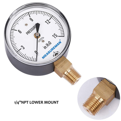 MEASUREMAN Diaphragm Type Capsule Low Pressure Gauge, 2-1/2" Dial, 1/4" NPT Lower Mount, Adjustable, 0-15 in H2O(Inches of Water)