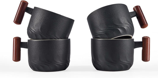 2.5oz Ceramic Espresso Cups with Wooden Handle, Small Coffee Cups Double Shot Espresso Cups Set of 4, WG025