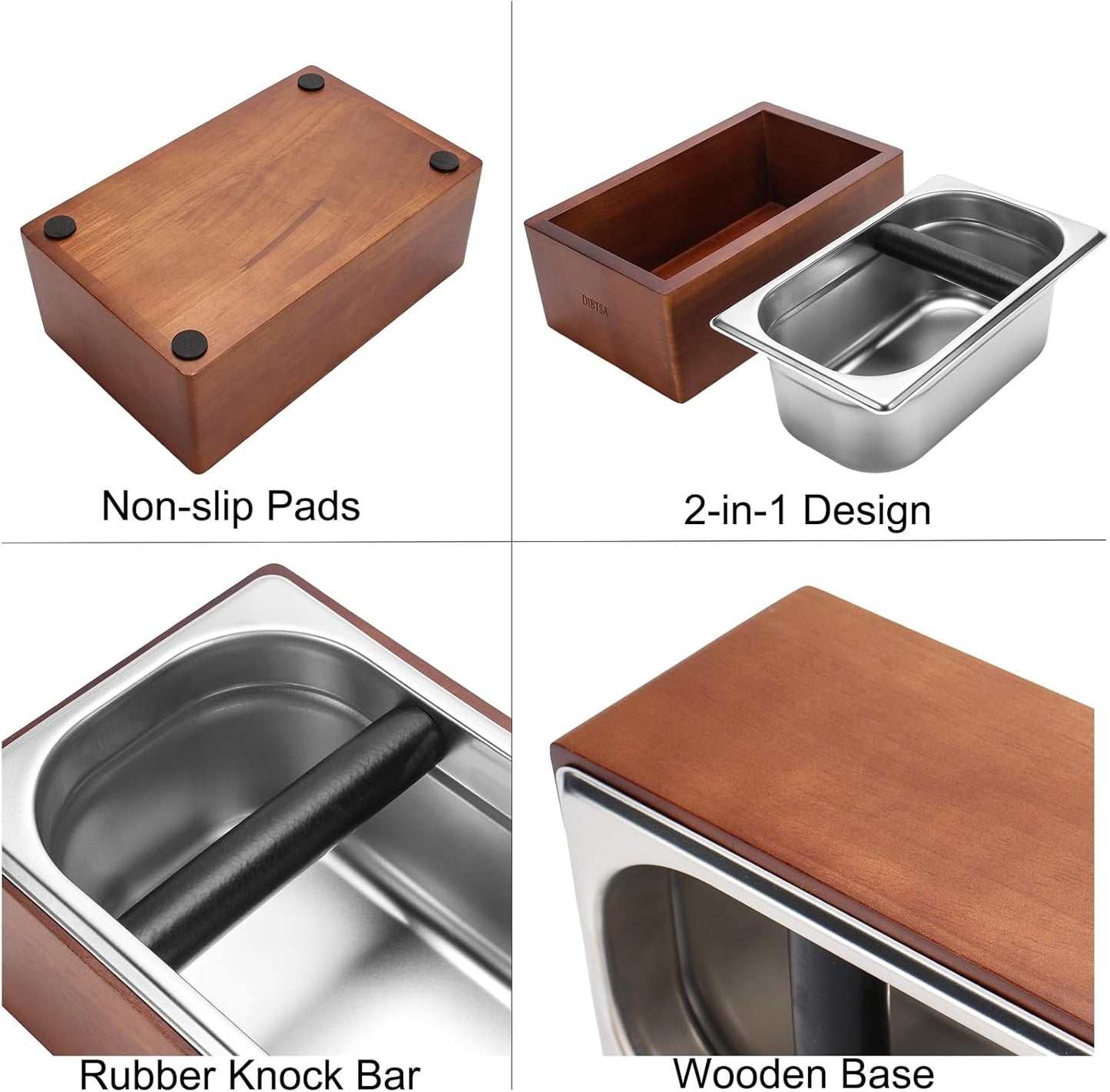 Knock Box Espresso, Coffee knockbox with Rubber Knock Bar and Anti-slip Pad, Commercial Use Large Capacity, Stainless Steel and Wooden, Espresso Accessory