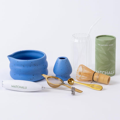Premium 9 Piece Matcha Set Includes Ceramic Matcha Bowl, Bamboo Whisk & Holder, Stainless Steel Spoon & Sifter, Glass Cup & Straw, Electric Frother, Storage Bag - Gift for Matcha Lovers (Blue)