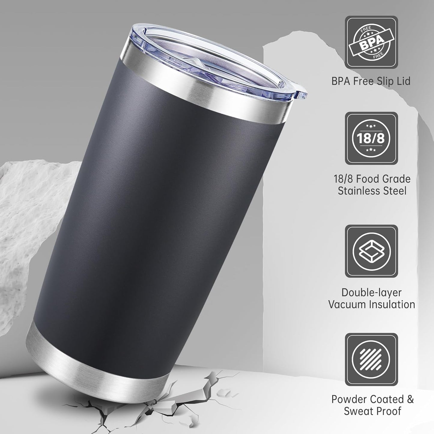 20 oz Tumbler Stainless Steel Tumblers with Lid Double Wall Vacuum Insulated Coffee Mug 20oz Powder Coated Cup for Hot and Cold Drinks, Black, 1 pack