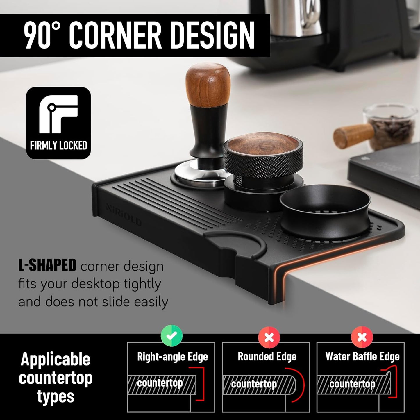 Espresso Tamping Mat, Coffee Tamper Mat, Food Grade Silicone 10.43″×5.63″ Portafilter Mat for Barista Espresso Machine Acceessories, Waterproof Heat Resistant Tamp Station for counter (Black)
