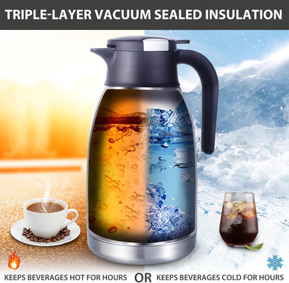 Heritage66 Thermal Coffee Carafe Dispenser, Triple Wall Stainless Steel, Vacuum Insulated, 34 oz/1 Liter, Keeps Hot 12 Hours (2 Liter / 68 Oz)