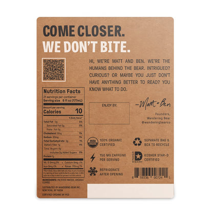 Wandering Bear Straight Black Organic Cold Brew Coffee On Tap, 128 fl oz (1 gallon) - Extra Strong, Bold, Smooth, Unsweetened, Shelf-Stable, Ready to Drink, 100% Organic Iced Cold Brewed Coffee Drinks