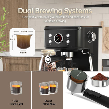 Black Espresso Machine with Milk Frother, Cappuccino Machines for Home, Coffee Espresso Machine Suitable for Coffee Powder/NS Original Capsules, Espresso Maker with Thermometer