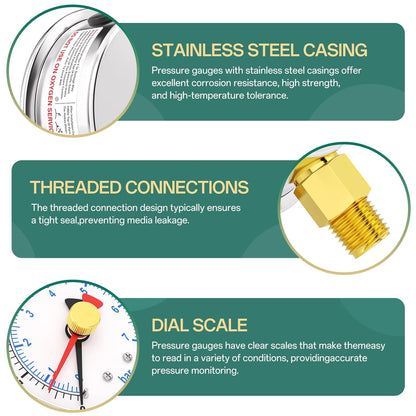 0-100PSI Stainless Steel with Reset Pointer Liquid Filled Pressure Gauge, 2.5" Dial Size, 1/4" NPT Lower Mount, for Tube, Water Pump, Gas, Liquid, Pressure Test