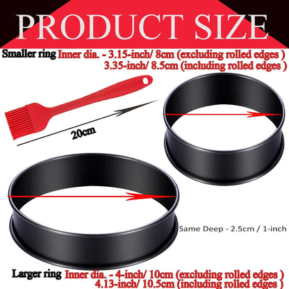 16Packs English Muffin Rings Crumpet Rings NONSTICK -3.15 Inch & 4 Inch Stainless Steel Double Rolled Tart Rings Round Black Metal Baking Cooking Pastry Ring Molds for cookies, pancakes, crumpets
