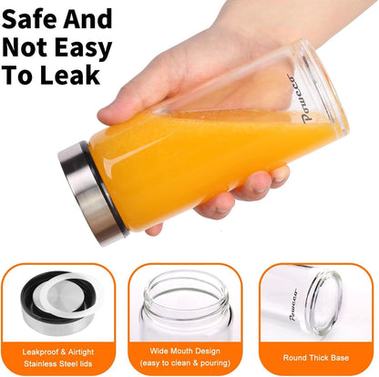 16oz Glass Juice & Water Bottles 6-Pack with Lids- Wide Mouth Reusable Borosilicate Glass- for Juicing, Smoothies, Protein Shakes, Blender & Shaker Bottle- Refillable & Dishwasher Safe(16 oz/500ml)