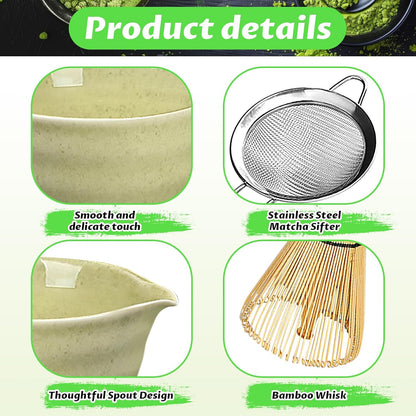 Matcha Set, 6 Pcs Matcha Whisk Set with 20 oz Bowl, Bamboo Whisk for Matcha Tea, Matcha Bowl, Ceramic Matcha whisk Holder, Stainless Sifter and Scoop - Gift for matcha kit Lovers（Green）