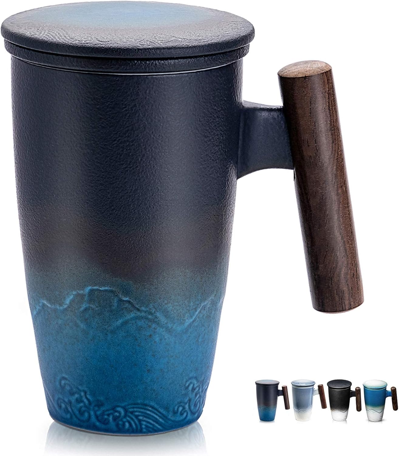 suyika Tomotime Ceramic Tea Cup with Infuser and Lid Tea Mugs Wooden Handle 400ml/13.5oz Black cyan