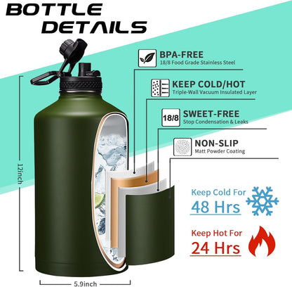 128 OZ Insulated Water-Bottles with Strap - 1 Gallon Water Jug with Straw & Spout Lid, Stainless Steel Large Water Bottle Leak Proof, Cold-48h Hot-24h Metal Water Flask w/Paracord Handle, Carrier Bag