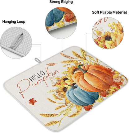 Fall Dish Drying Mat for Kitchen Counter Hello Pumpkin Drying Pad Absorbent Drying Mats for Countertops Sinks Draining Racks Sunflower Ears of Wheat Drainer Holiday Harvest Thanksgiving Decor 18x24