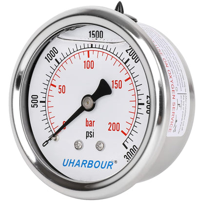 Glycerin Filled Pressure Gauge 3000psi/200bar, Stainless Steel case, Brass Inside Construction, 2-1/2" dial, 1/4" NPT Back Connection.…